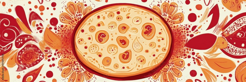 Poster colorful hand drawn doodle depicting a round flatbread surrounded by vibrant floral patterns and sha