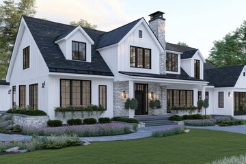 Fototapeta premium Modern farmhouse with stone accents and large windows set in a tranquil landscape during a sunny day in a suburban neighborhood
