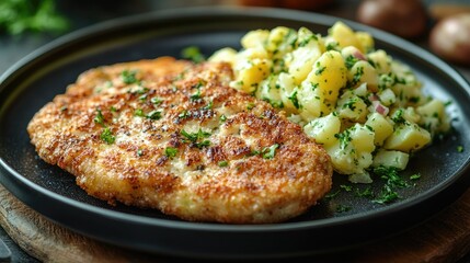 Crispy Breaded Cutlets Served with Parsley Potato Salad