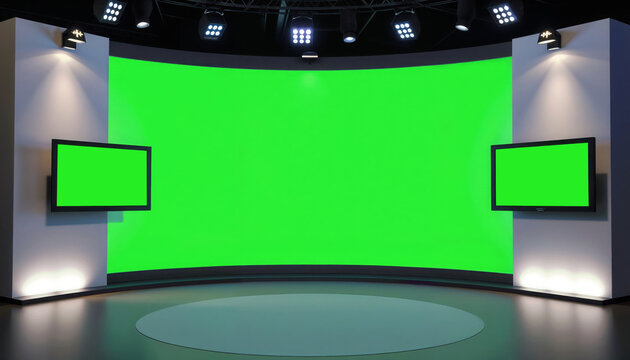TV studio with green screen and professional lighting setup.Innovation and creativity in modern multimedia production.Broadcast visuals for film, video, or virtual event promotions.


