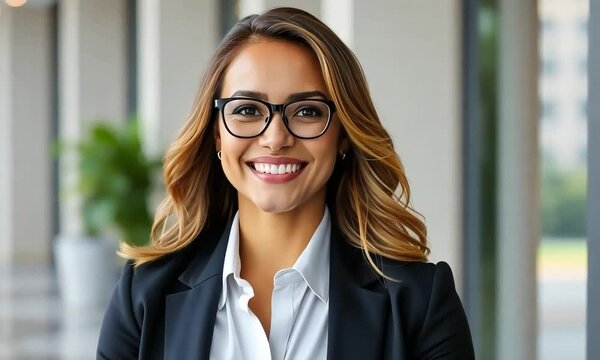 Confident Businesswoman Portrait:  Successful,  Smiling, Professional Woman in Modern Office Building