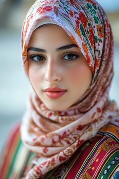 Young beautiful Afghani woman wearing colourful hijab. Arabic Muslim lady in traditional clothes