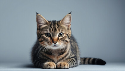 Cute tabby kitten with striking green eyes resting on a soft surface in a well-lit room