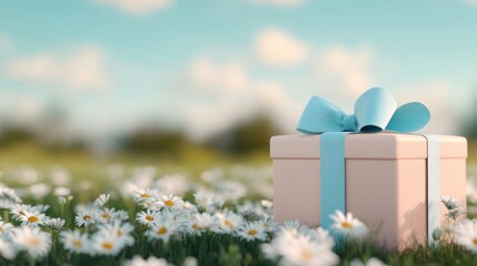 Gift box with blue ribbon placed on a field of daisies under a sunny sky, evoking joy and celebration, AI