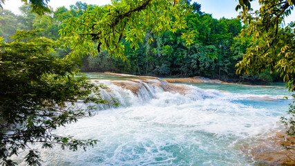Landsape of Agua Azul with waterfalls in the Tropical forest of Palenque in Mexico.  