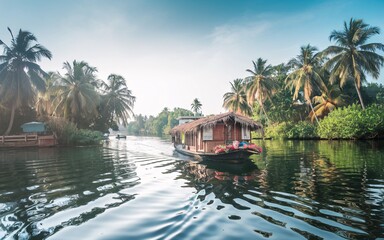 Kerala Backwaters, Houseboat gliding on calm waters through lush tropical landscape at sunrise.