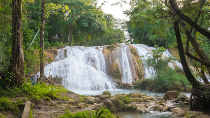 Landsape of Agua Azul with waterfalls in the Tropical forest of Palenque in Mexico.  