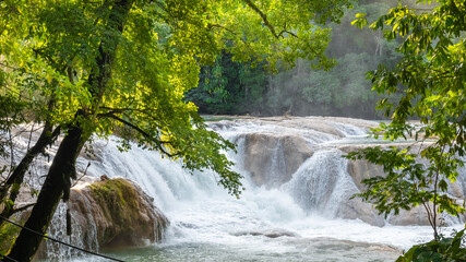 Landsape of Agua Azul with waterfalls in the Tropical forest of Palenque in Mexico.  