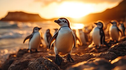 Obraz premium Penguin at Sunset Colony Beach Rocks