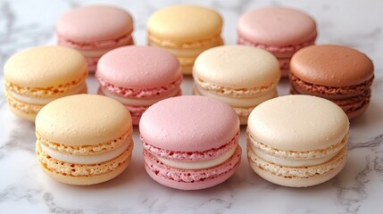 Obraz premium A Collection Of Pastel Macarons Arranged On Marble