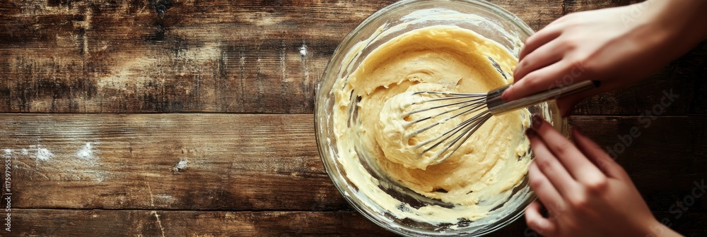 Poster whisking pancake batter in a glass bowl on a rustic wooden table during a cozy morning. generative a