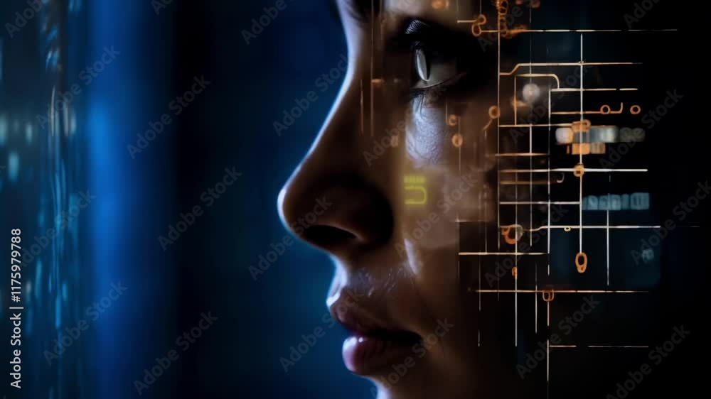 Poster futuristic woman reflecting data and computer circuits on her face from a screen, embodying themes o