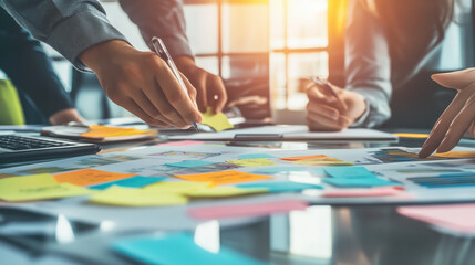 Obraz premium Manager Organizing Colorful Sticky Notes on Glass Board During Project Management Session, with Soft Ambient Lighting Highlighting Modern Office Decor