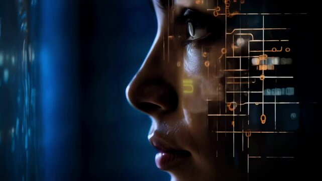 Futuristic woman reflecting data and computer circuits on her face from a screen, embodying themes of artificial intelligence, virtual reality, and technology integration