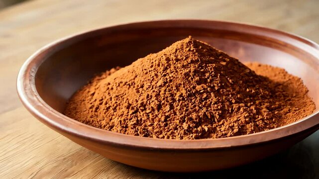 Rustic terracotta bowl filled with warm-toned cinnamon powder illuminated by natural light, perfect for spice enthusiasts, baking scenes, and cozy kitchen aesthetics