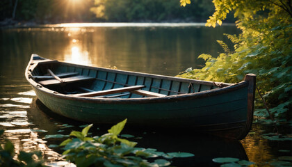 Fototapeta premium Sunlight reflecting on a serene lake with a wooden boat resting by the shore at twilight