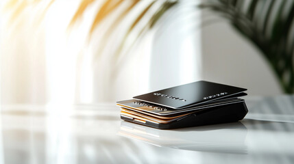 A compact POS terminal and a stack of metallic-hued credit cards positioned on a glossy white surface, ready for a transaction.