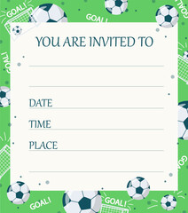 Sport themed template with footballs, nets, goal and copy space on green backgorund. Vector illustration for invitation, card, print.