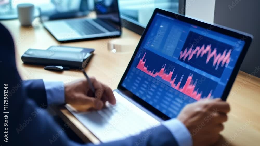 Poster Businessman analyzing financial charts and data on a convertible laptop, using a stylus for precise navigation and data manipulation in a modern office environment