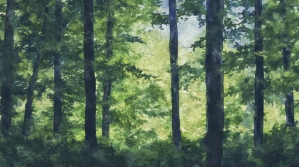 A painting of a forest with trees and a bright green color