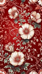 Intricate vintage floral motifs with delicate petals and swirling vines in red illustration background