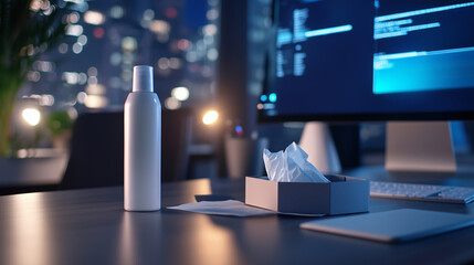 Naklejka premium A modern office desk with a sleek hand sanitizer bottle and a box of tissues neatly placed, surrounded by organized stationery and a glowing computer screen.