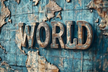 Rustic wooden letters spelling 'WORLD' on a textured world map background