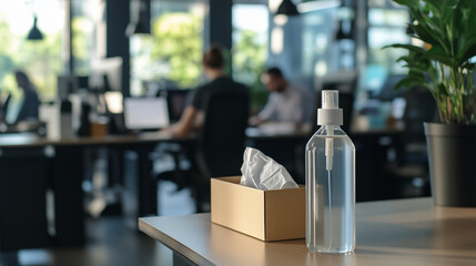 A hand sanitizer bottle and a tissue box on a shared office counter, with a background of employees working at their desks.