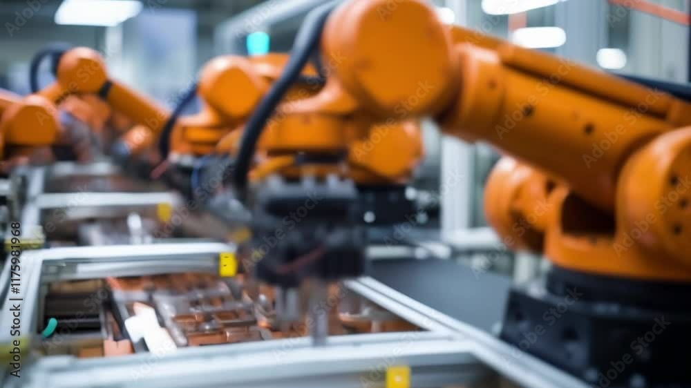 Poster Orange robotic arms are working on an assembly line inside a brightly lit factory, performing automated tasks with precision and efficiency