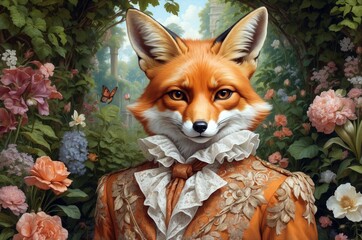 Obraz premium Vintage royal fashion medieval renessaince anthropomorphic animal portrait painting with colorful costume and background decoration.