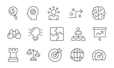Business strategy icon set in line style. Strategy, planning, brainstorming, analysis, statistic minimal vector icons. Editable stroke.