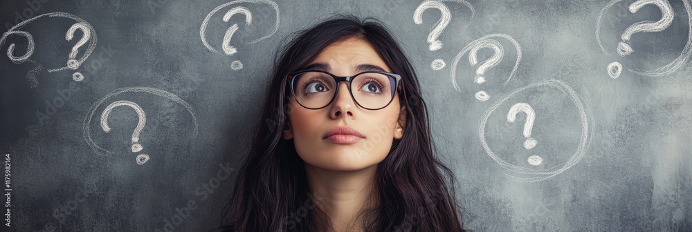 Fototapete young student is looking up with a pensive expression, surrounded by many question marks drawn on a 
