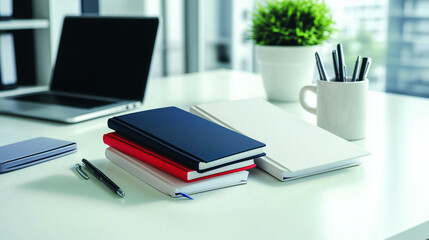 A stack of colorful notebooks neatly arranged on a pristine white desk, accompanied by pens, a laptop, and a coffee mug, bathed in soft natural light.