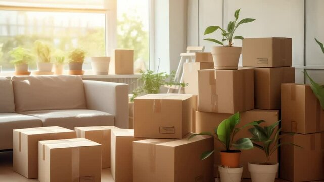 Cardboard boxes and vibrant houseplants filling a sunlit living room create a lively scene as movers carefully relocating belongings into a new home embrace the change of lifestyle