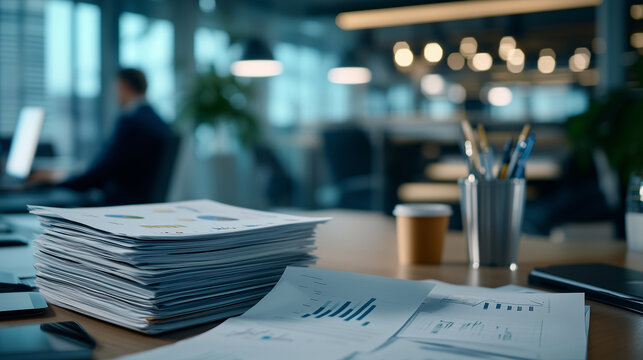 A stack of paper documents showcasing trends and analysis rests on a desk, with an open-plan office blurred in the distance. - Powered by Adobe