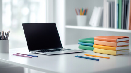 A clean white workspace showcasing colorful notebooks stacked with precision, pens neatly arranged, and a laptop ready for work.