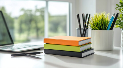 Bright and bold notebooks stacked on a white desk, paired with pens and a laptop, with natural light streaming through the window.