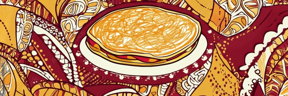 Aufkleber Doodle of a pancake surrounded by vibrant patterns in a whimsical style. Generative AI
