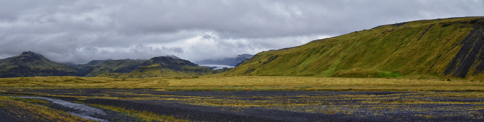 Solheimajokull outlet glacier Summer 2024, South of the icecap Myrdalsjokull Katla Geopark, South Coast of Iceland. Scandinavia, Europe.