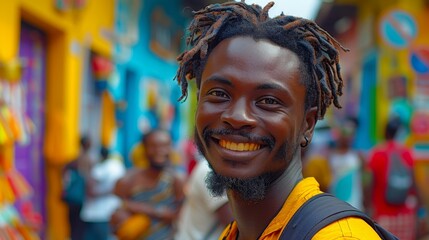 Obraz premium Portrait, Happy Black Man, Smiling with Dreadlocks, Colorful Background, Street Photography