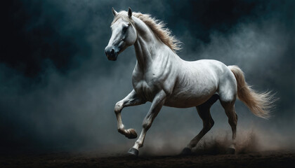 Naklejka premium Majestic white horse galloping through a smoky setting in an artful display of strength and grace