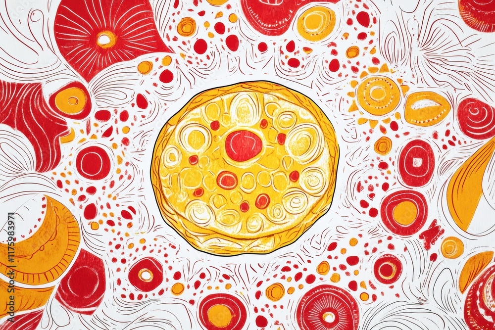 Aufkleber colorful hand drawn doodle featuring a vibrant pizza surrounded by abstract shapes and patterns in r