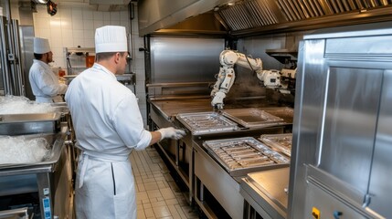In an industrial kitchen, chefs collaborate with a robotic arm on a sleek, stainless steel cooking station, blending tradition with technology.