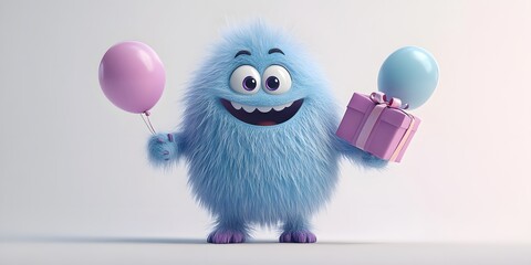 Obraz premium 3D illustration of a cheerful blue fluffy monster holding pastel balloons and a pink gift box, designed in a playful and whimsical style