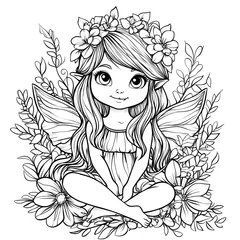 Black and white line art of a cute fairy sitting among flowers with delicate wings and a floral wreath, designed as a detailed coloring page