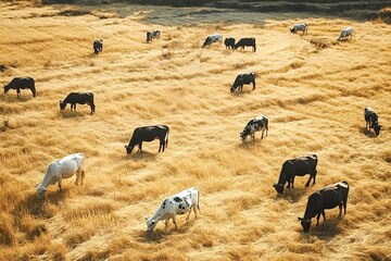 Numerous cows grazing peacefully on dry golden grass create a serene pastoral scene in a sunlit field, embodying the essence of rural life and tranquility
