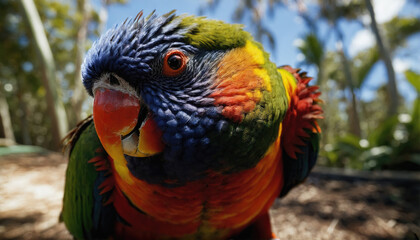 Fototapeta premium Colorful parrot explores lush tropical surroundings under bright sunlight
