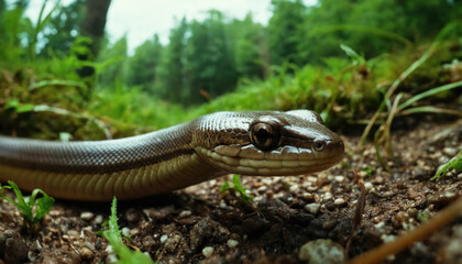 Fototapeta premium Close view of a snake slithering through the underbrush in a forest during daylight