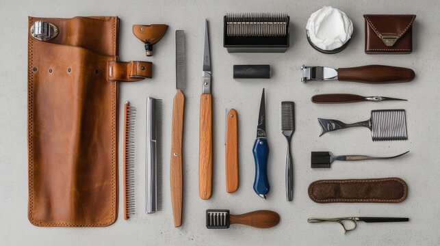 Neatly arranged barber tools showcase craftsmanship and precision, highlighting essential grooming instruments on a smooth surface.