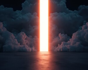 Fototapeta premium A bright vertical beam of light pierces through dark clouds, creating a surreal and mystical atmosphere.